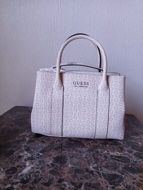 GUESS Cream Monogram Satchel with Gold Logo
